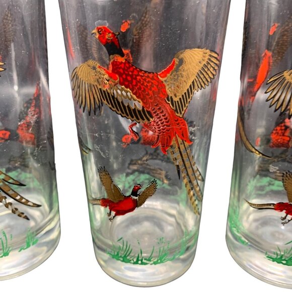 Vintage Set 4 Hazel Atlas Pheasant Hunting Bird Glasses 6", 12 ounce Gold Red - Picture 2 of 8